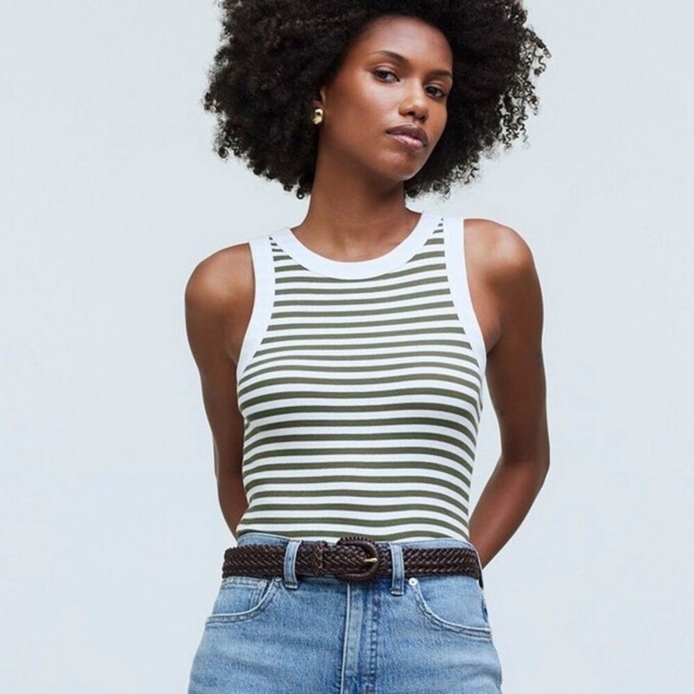 Madewell Striped Tank Top Ribbed Cutaway Crop Supima Cotton Blend Loden S NWT